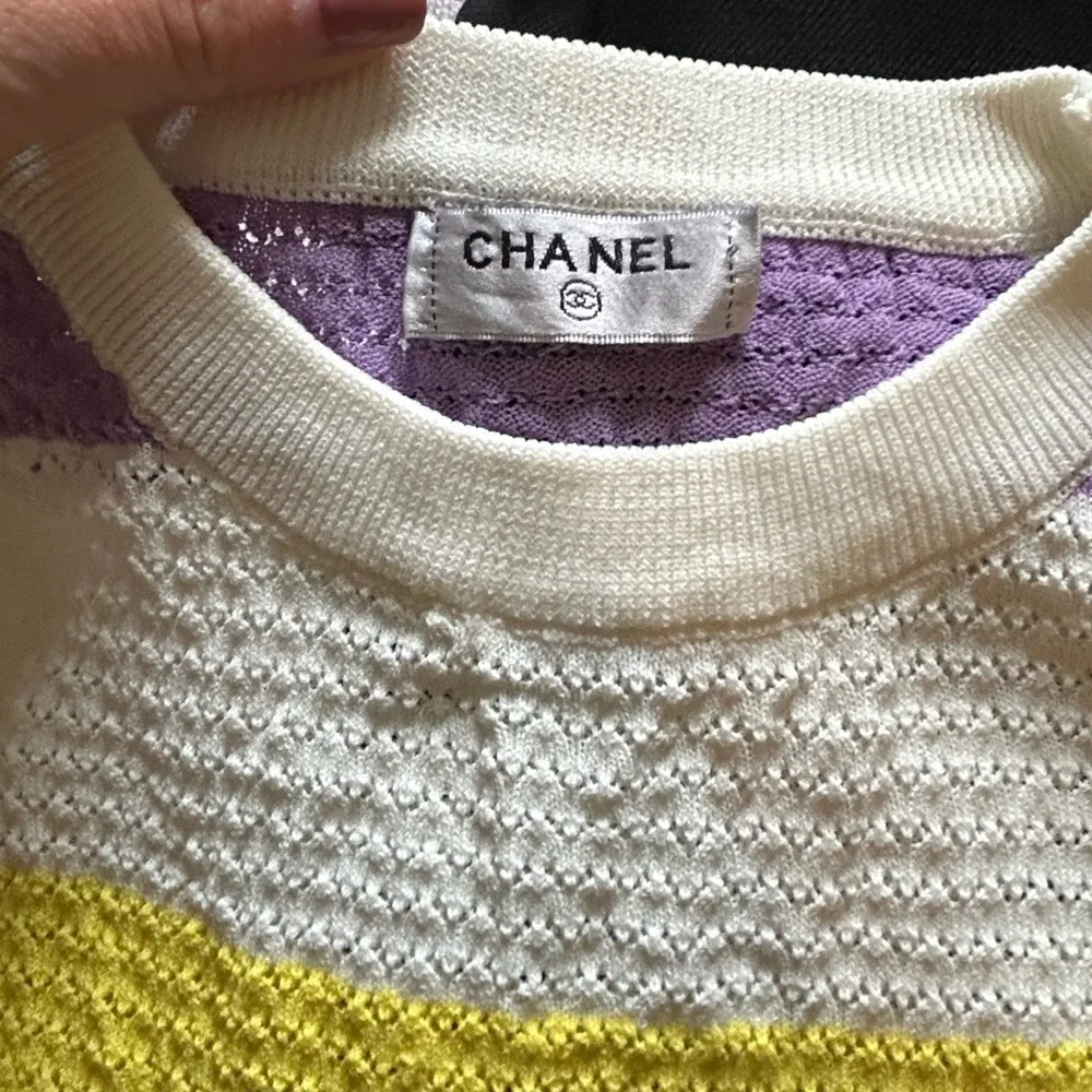 CHANEL Yellow and Purple Crew Neck Sweater